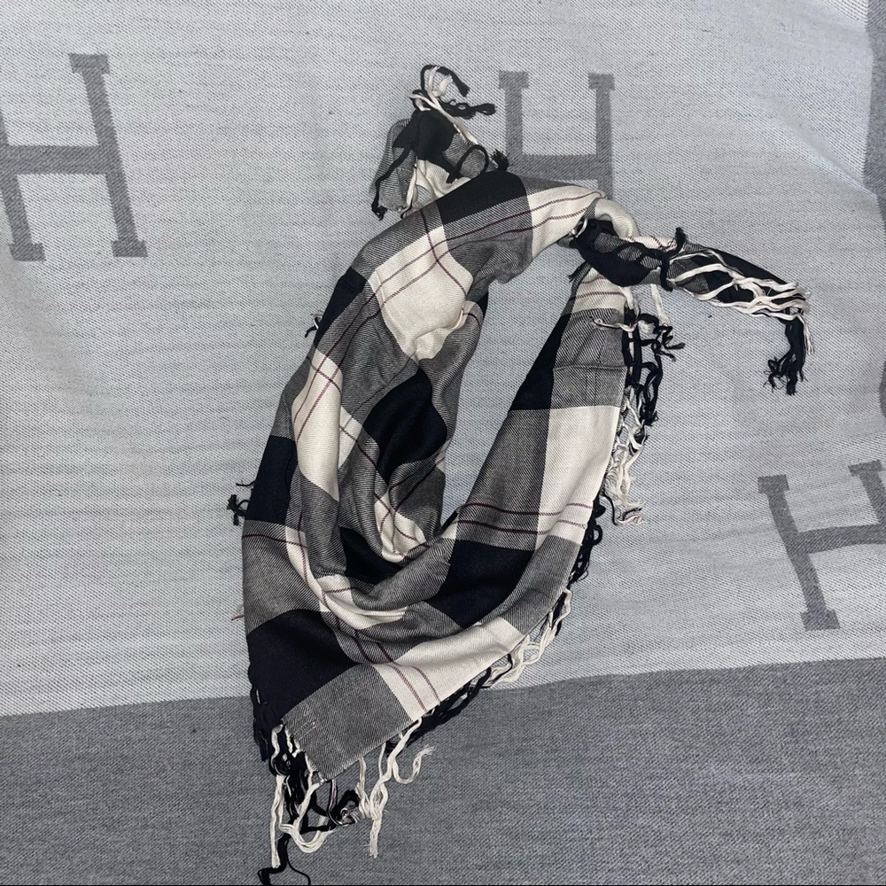 Like New Double face black ivory and burgundy plaid square rayon scarf.